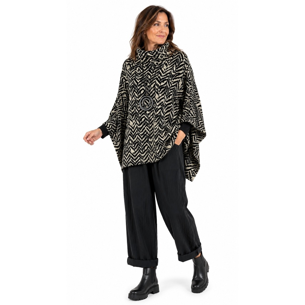 Alembika Womens S/M Black Cream Geometric Knit Funnel Neck Poncho Sweater Israel